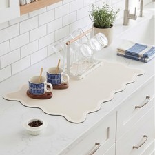 Scalloped Dish Drying Mat Kitchen Counter Absorbent Coffee Bar Beige 15x24 In
