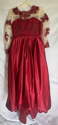 Vtg Red Satin & Lace Embroidery Renaissance Fair Evening Gown Maxi Dress Lg