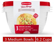 Rubbermaid TakeAlongs 6.2 Cup Serving Bowl Food Storage Containers,Set of 3, Red