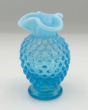 Fenton Blue Opalescent Hobnail Mini Vase Tri Crimp 1940s