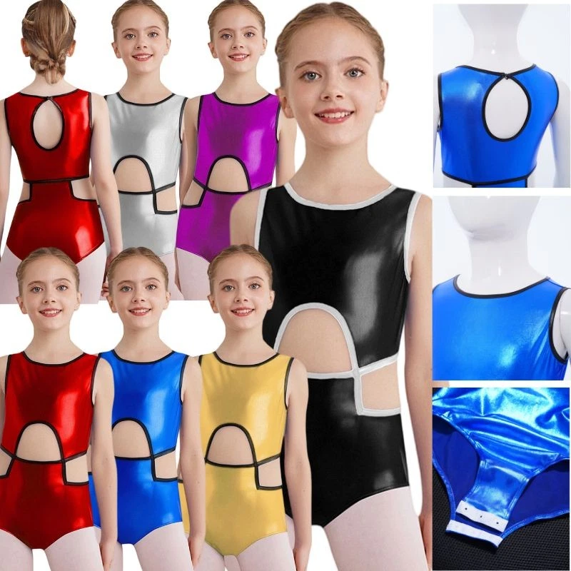 Kids Girls Bodysuits Ballroom Unitards Metallic Leotard Dancewear Keyhole Back - Image 2 of 4