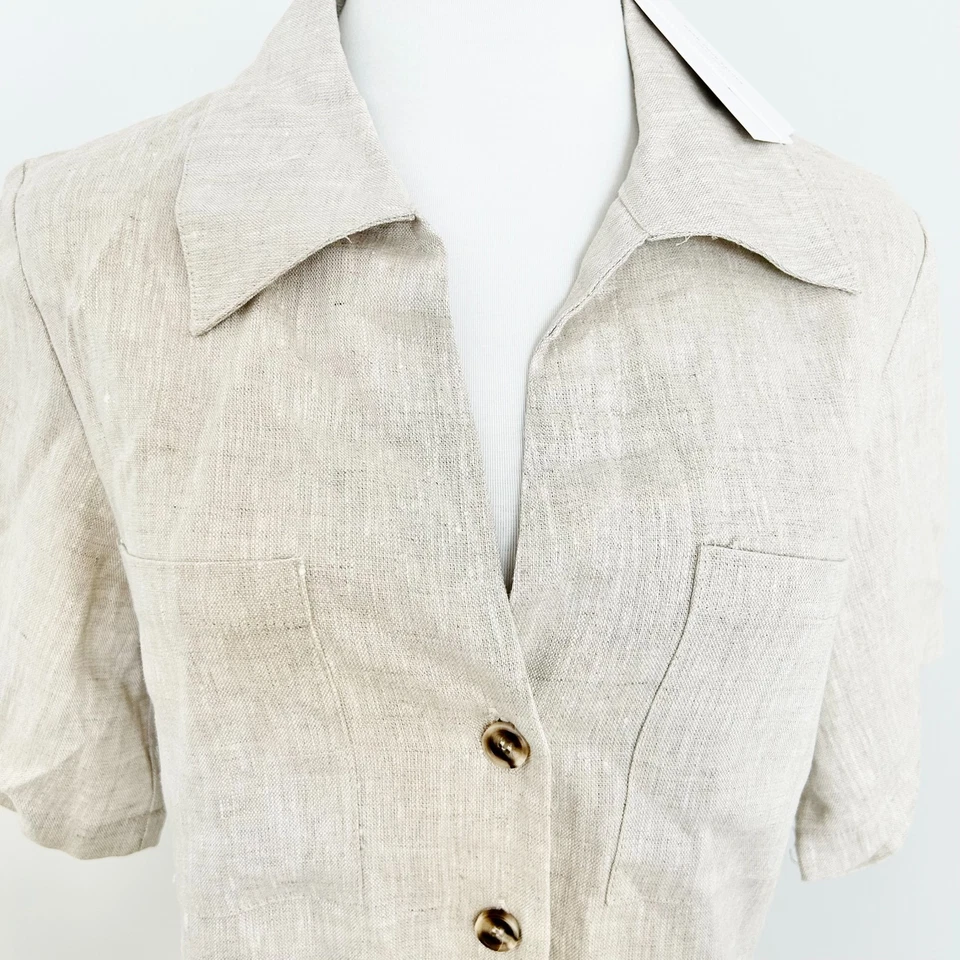 Aere Opal Linen Open Collar Midi Dress Size 10 Oat Button Front Short Sleeve New - image 3 of 4