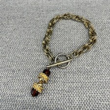 Vintage Bracelet Gold Tone Chain Acorn Charm Dangles Brown Glass Size 7
