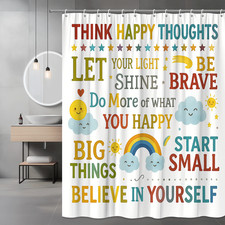 Colorful Motivational Shower Curtain with Happy Quotes and Designs
