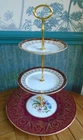 3 tier china cake stand. Part Mismatched burgundy & floral plates FREE UK POST