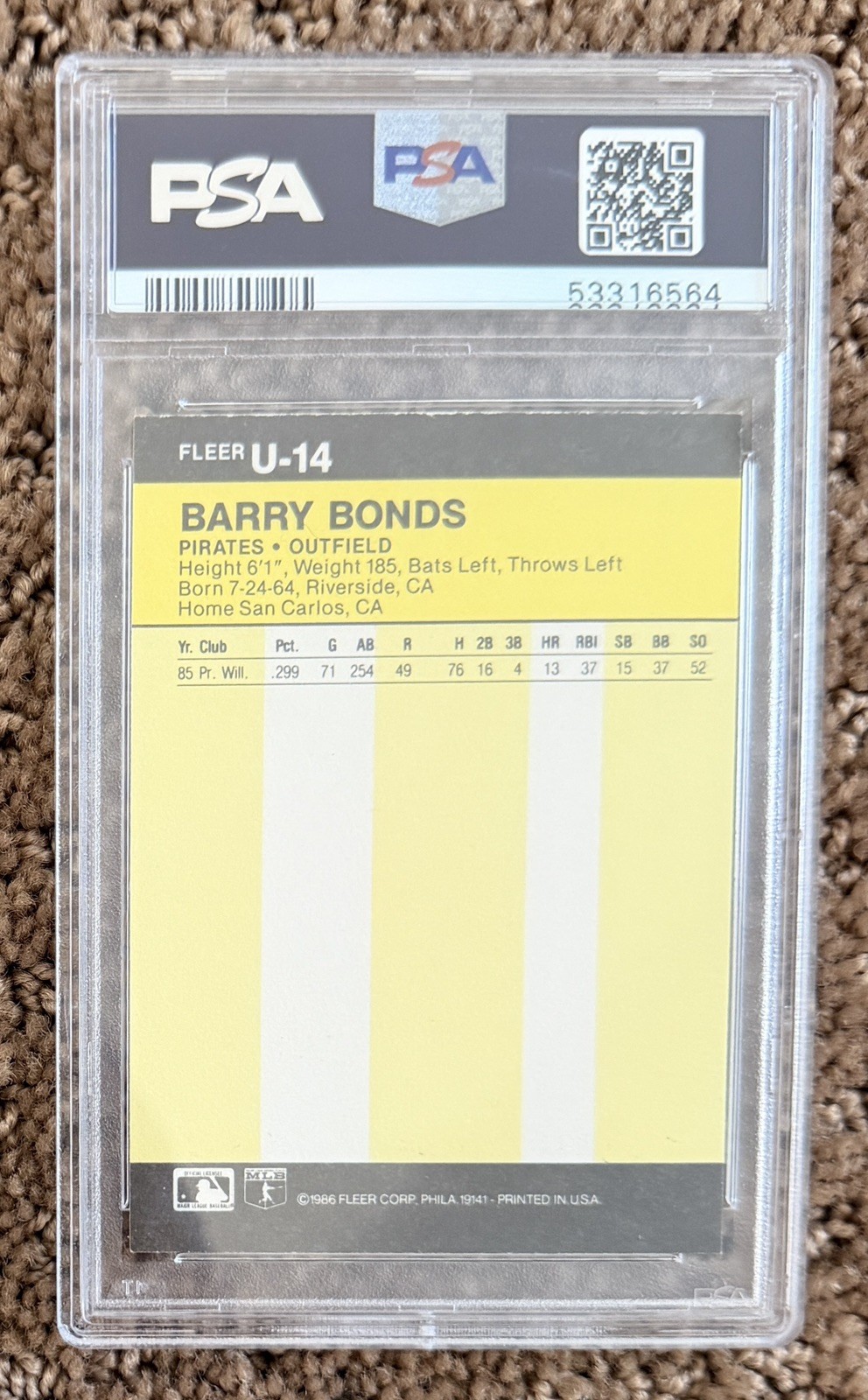 1986 Fleer Update #U-14 Barry Bonds RC - Pittsburgh Pirates - PSA 7 NM view 2