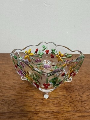 Vintage Hand Painted Floral Art Glass Footed Bowl Candy Trinket Dish Decor