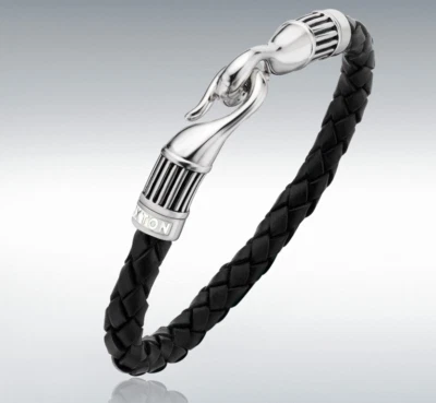 Bracelet En Cuir Et Argent Sterling À Cordon Ribbé Hoxton Londres 8,25" - Photo 1/2
