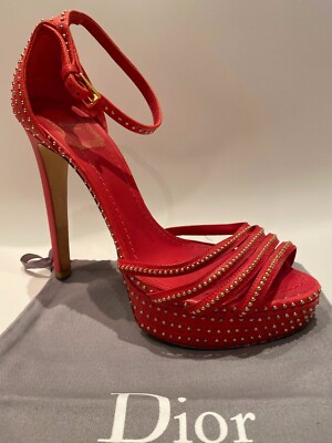 CHRISTIAN DIOR Bracelet Red w/ Gold stud Platform Sandal  display picture 3