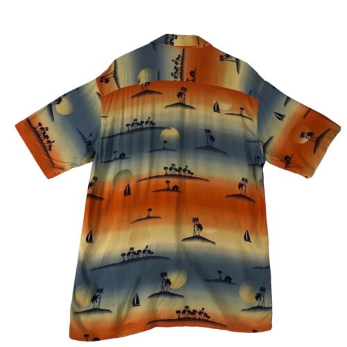 Pierre Cardin Hawaiian Button Down Shirt Sailboat PalmTrees Blue/Orange Men Sz M - Picture 2 of 11