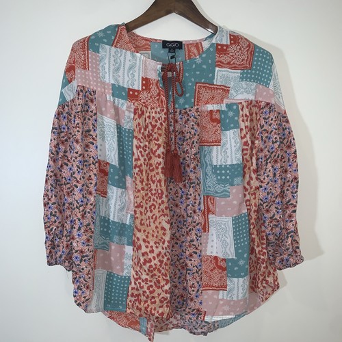 Gigio Tunic Top Womens Small Patchwork Mixed Pattern Tassled Boho Hippie