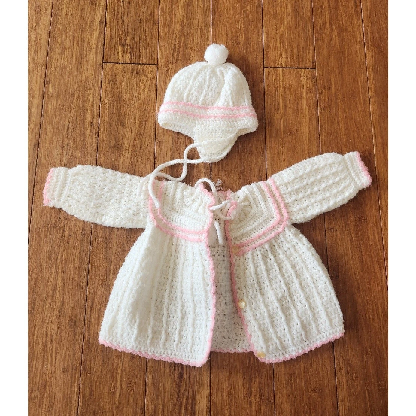 Crocheted Pink and White Baby Cardigan and Hat