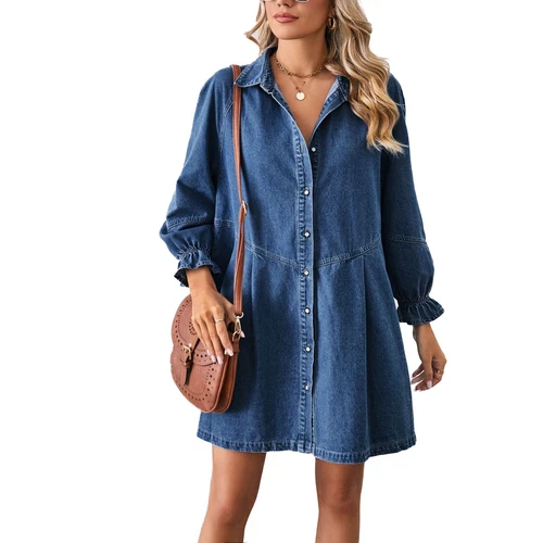 Women's Denim Dress Long Sleeve Babydoll Cute Casual Raglan Sleeve Skater Dress - Foto 12 di 37