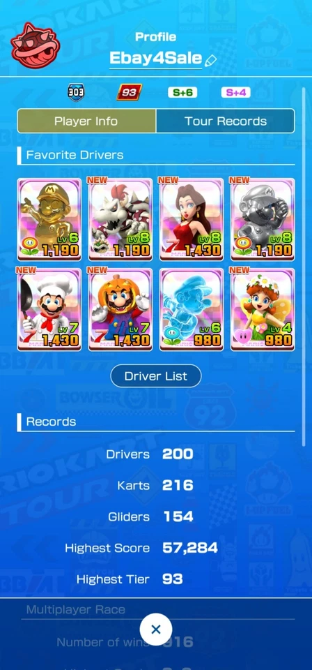 Mario Kart Tour Profile Lvl 93 Lvl 303, 200 Drivers, 216 Karts, 154 Gliders - Image 2 of 4