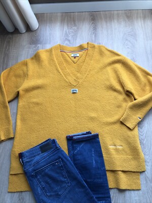 Tommy Hilfiger dicker GROB Strick Pullover V-Ausschnitt OVERSIZE GELB Flagge 