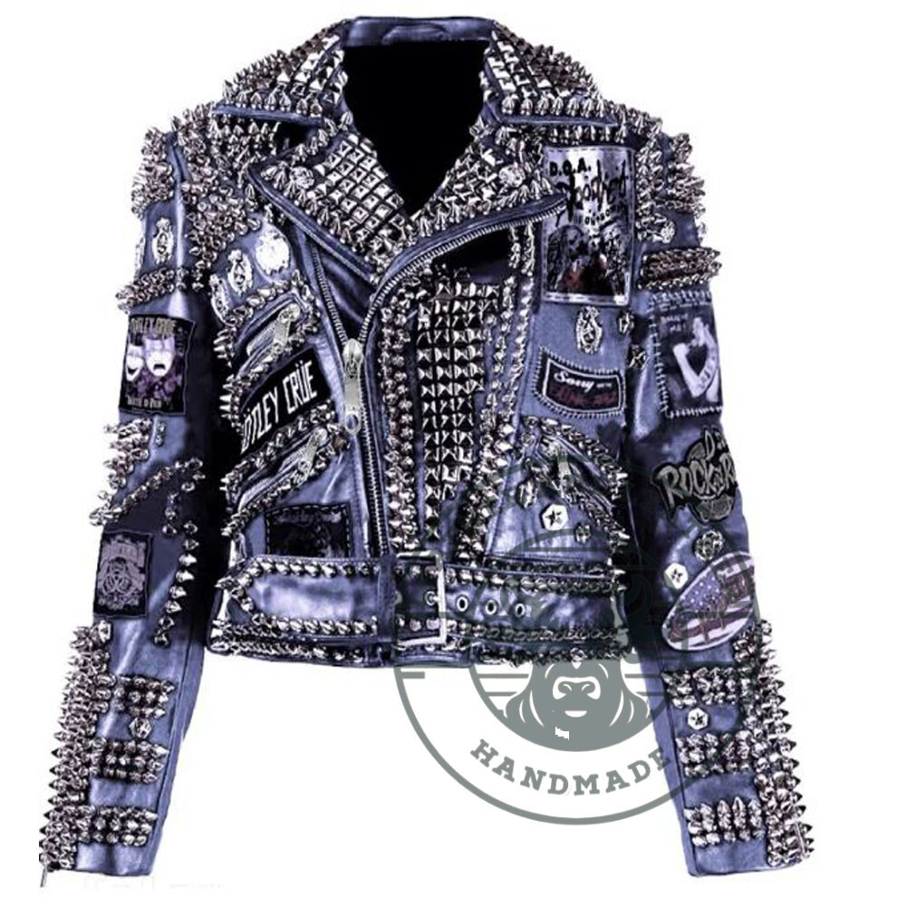 Men's Studded Gothic Punk Leather Jacket with Motley Crue Patches