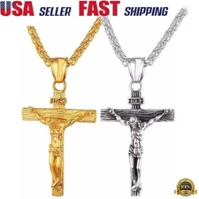 Jesus Christ Crucifix Cross Pendant Chain Necklace Stainless Steel Gold Plated