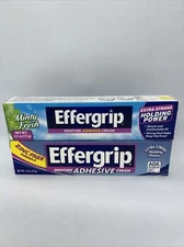 2 Effergrip Denture Adhesive Cream (1 Zinc Free & 1 Minty Fresh) 2.5 Oz Each NIB