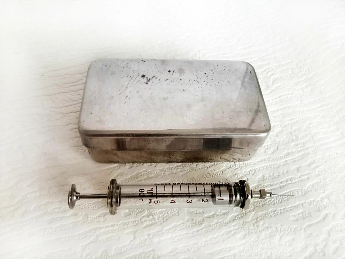 Vintage Medical Set Metal Box Sterilizer and Glass Syringe Medical  container | eBay