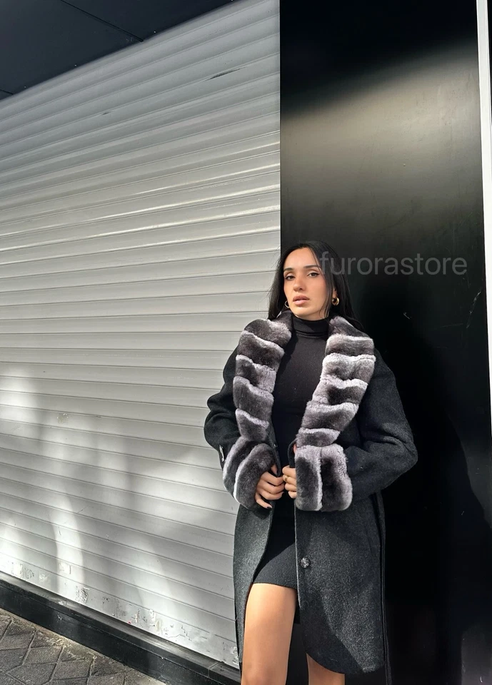 100% Alpaca Women's Winter Coat Real Fox Fur Long Overcoat Soft Stylish Black - Image 4 of 4