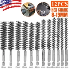 12PCS 1/4" Hex Shank Stainless Steel Bore Cleaning Brushes Set for Power Drill 