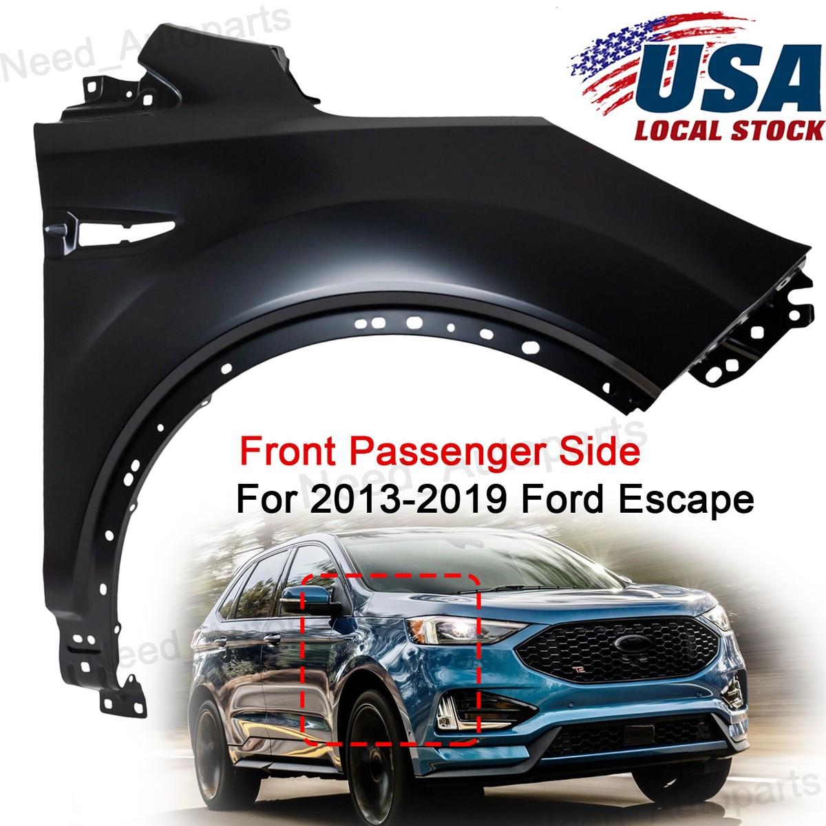 Front Passenger Side Steel Fender For 2013-2019 Ford Escape S, SE, Titanium – Black, Electrophoresis Coated