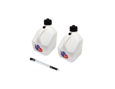 VP Racing 5 Gallon Square Fuel Jug With Hose & Valve - SCCA Approved, White Finish