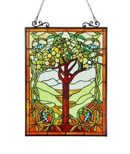 Stained Glass Window Panel 18" W x 25" T Handcrafted Tree of Life Art Glass