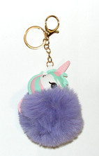 Furry Purple Unicorn Pom Pom Keychain Puffball Fob Key Ring Bag Purse Charm Clip