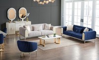 Sofagarnitur 3+3+1 Sitzer Wohnzimmer Set Komplett Textil Sofa Sessel Holz Blau