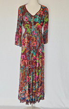 NEW Me 2 Magic Floral Boho Maxi Dress Smocked Tiered Crinkle Brown Metallic Sz.S