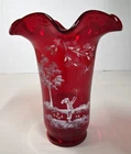 Vintage Fenton Mary Gregory Style Handpainted Cranberry Glass Vase