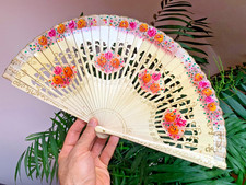 Albanico Spanish Painted Floral Folding Fan Lacquered Wood Sticks Cotton 1960s