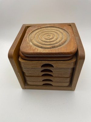 Vintage wooden Coaster Set with Cork Inserts, Holder, 5 coasters plus 2 bonus!