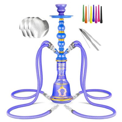 21'' Hookah Set 4 Hose With Everything, Glass Vase, Ceramic Blue 