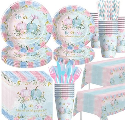 He or She Pumpkin Gender Reveal Tableware Set 170pc w/ 2 54x108 Tablecloths