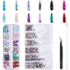 12-Grid Nail Rhinestones Kit - with Tweezers & Wax Pen for Nail Art DIY