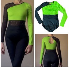 Weissman Neon Green Mesh Black Rhinestones Sparkle Asymmetrical Leotard Adult M