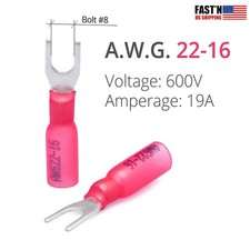 200pcs Red 22-16AWG Heat Shrink Fork Connectors 8 Stud Crimp Fork Terminals US