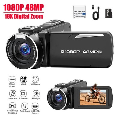 Digital Camcorder 3'' Screen 1080P 48MP 18X Zoom Fill Light Webcam 32GB Card