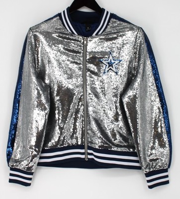 Dallas Cowboys Jacket Womens Medium Silver NFL The Wild Collective Sequin Bomber
