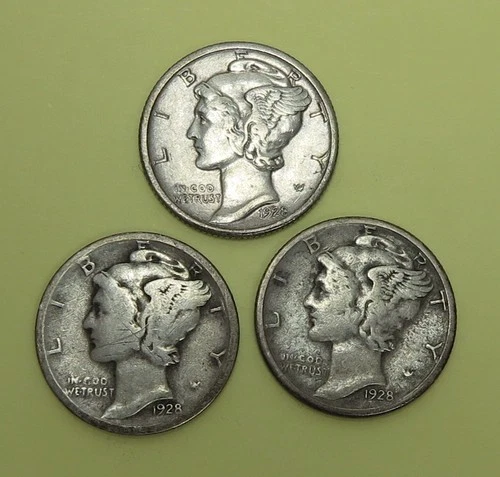 3 Mercury Dimes 1928 VF, 28-D Good, 28-S XF  The D has obv. scratches
