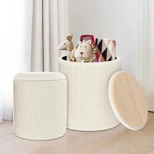 2PC Round Velvet Ottoman with Storage & Upholstered Pouf Foot Rest for Dorm