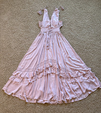 Free People Sundress  Womens Large Boho Maxi Tiered Ruffle Lace Cotton Pink