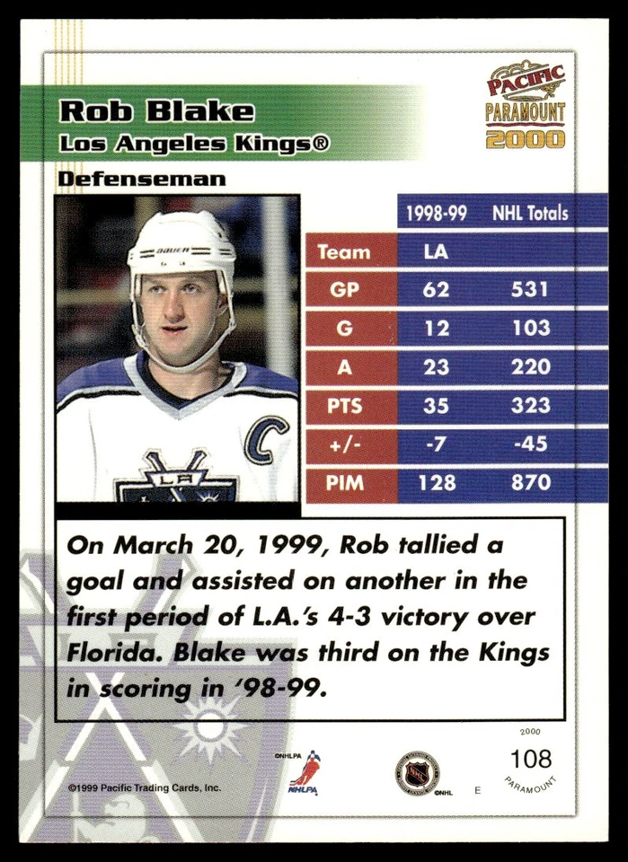1999-00 Pacific Paramount Copper Rob Blake Los Angeles Kings #108 - Image 2 of 2