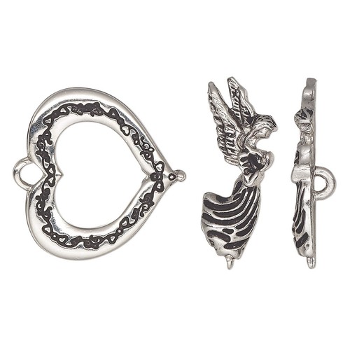 Clasp, Toggle, Antiqued Silver Plated Pewter ANGEL with 23x21mm Heart (2 Sets) * - Picture 3 of 3