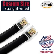 2-Pack Black RJ12 6P6C Heavy Duty Straight Data Cable. Custom Size from 2"- 10ft