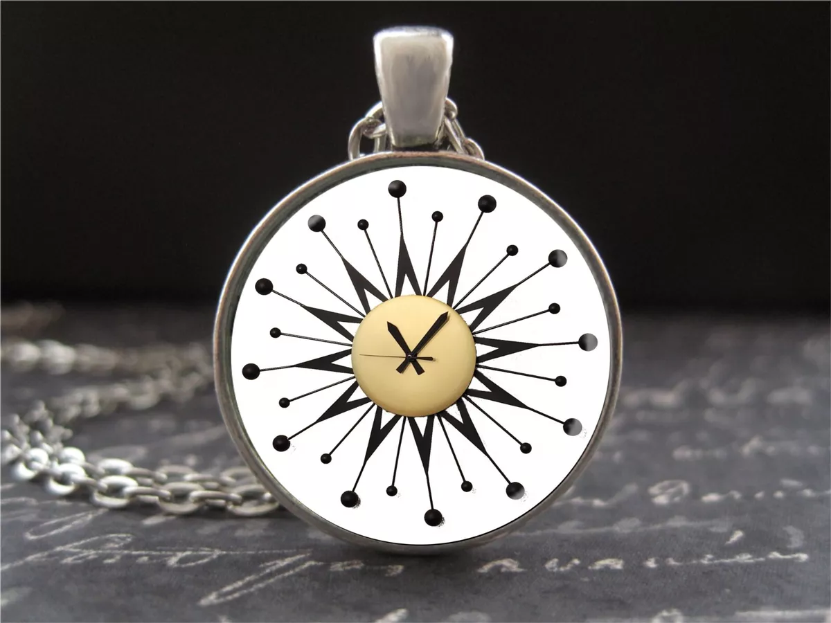 Vintage MCM Starburst Wall Clock Necklace Mid Century Atomic Era Art Pendant New