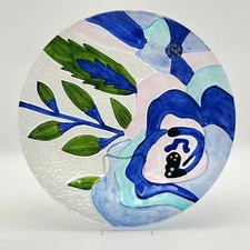 Lori Siebert Glass Fusion Large Console Bowl Centerpiece Blue Flower Vibrant 15”