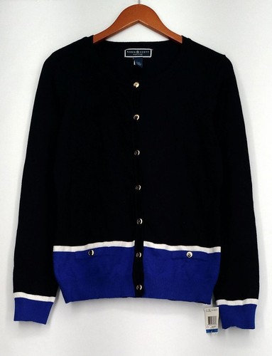 Karen Scott Women's Faux-Pocket Colorblocked Cardigan M, Rich Navy, Navy
